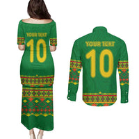 Custom Cameroon Football Couples Matching Puletasi and Long Sleeve Button Shirt Tribal Motifs Green Color - Wonder Print Shop