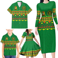 Custom Cameroon Football Family Matching Long Sleeve Bodycon Dress and Hawaiian Shirt Tribal Motifs Green Color - Wonder Print Shop