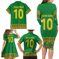 Custom Cameroon Football Family Matching Long Sleeve Bodycon Dress and Hawaiian Shirt Tribal Motifs Green Color - Wonder Print Shop
