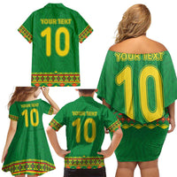 Custom Cameroon Football Family Matching Off Shoulder Short Dress and Hawaiian Shirt Tribal Motifs Green Color - Wonder Print Shop