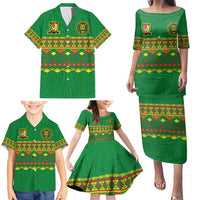 Custom Cameroon Football Family Matching Puletasi and Hawaiian Shirt Tribal Motifs Green Color - Wonder Print Shop