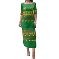 Custom Cameroon Football Family Matching Puletasi and Hawaiian Shirt Tribal Motifs Green Color - Wonder Print Shop