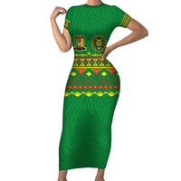Custom Cameroon Football Family Matching Short Sleeve Bodycon Dress and Hawaiian Shirt Tribal Motifs Green Color - Wonder Print Shop