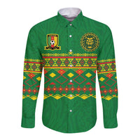 Custom Cameroon Football Long Sleeve Button Shirt Tribal Motifs Green Color - Wonder Print Shop