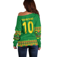 Custom Cameroon Football Off Shoulder Sweater Tribal Motifs Green Color - Wonder Print Shop