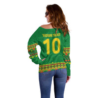 Custom Cameroon Football Off Shoulder Sweater Tribal Motifs Green Color - Wonder Print Shop