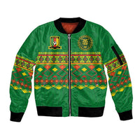 Custom Cameroon Football Sleeve Zip Bomber Jacket Tribal Motifs Green Color - Wonder Print Shop