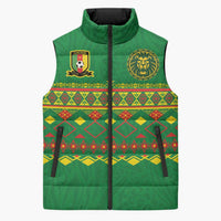 Custom Cameroon Football Sleeveless Puffer Jacket Tribal Motifs Green Color - Wonder Print Shop