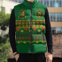 Custom Cameroon Football Sleeveless Puffer Jacket Tribal Motifs Green Color - Wonder Print Shop