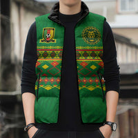Custom Cameroon Football Sleeveless Puffer Jacket Tribal Motifs Green Color - Wonder Print Shop