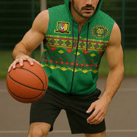 Custom Cameroon Football Sleeveless Zip Hoodie Tribal Motifs Green Color - Wonder Print Shop
