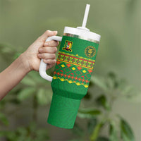 Custom Cameroon Football Tumbler With Handle Tribal Motifs Green Color - Wonder Print Shop