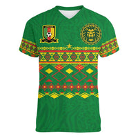 Custom Cameroon Football Women V-Neck T-Shirt Tribal Motifs Green Color - Wonder Print Shop