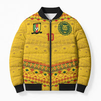 Custom Cameroon Football Bomber Puffer Jacket Tribal Motifs Yellow Color - Wonder Print Shop