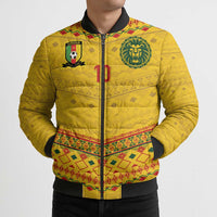 Custom Cameroon Football Bomber Puffer Jacket Tribal Motifs Yellow Color - Wonder Print Shop