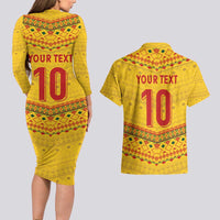 Custom Cameroon Football Couples Matching Long Sleeve Bodycon Dress and Hawaiian Shirt Tribal Motifs Yellow Color - Wonder Print Shop