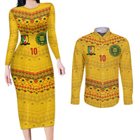 Custom Cameroon Football Couples Matching Long Sleeve Bodycon Dress and Long Sleeve Button Shirt Tribal Motifs Yellow Color - Wonder Print Shop