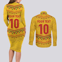 Custom Cameroon Football Couples Matching Long Sleeve Bodycon Dress and Long Sleeve Button Shirt Tribal Motifs Yellow Color - Wonder Print Shop
