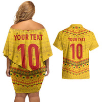 Custom Cameroon Football Couples Matching Off Shoulder Short Dress and Hawaiian Shirt Tribal Motifs Yellow Color - Wonder Print Shop