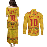 Custom Cameroon Football Couples Matching Puletasi and Long Sleeve Button Shirt Tribal Motifs Yellow Color - Wonder Print Shop