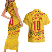 Custom Cameroon Football Couples Matching Short Sleeve Bodycon Dress and Hawaiian Shirt Tribal Motifs Yellow Color - Wonder Print Shop