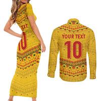 Custom Cameroon Football Couples Matching Short Sleeve Bodycon Dress and Long Sleeve Button Shirt Tribal Motifs Yellow Color - Wonder Print Shop