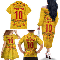 Custom Cameroon Football Family Matching Off The Shoulder Long Sleeve Dress and Hawaiian Shirt Tribal Motifs Yellow Color - Wonder Print Shop