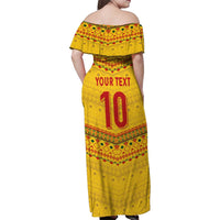 Custom Cameroon Football Family Matching Off Shoulder Maxi Dress and Hawaiian Shirt Tribal Motifs Yellow Color - Wonder Print Shop