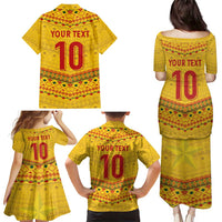 Custom Cameroon Football Family Matching Puletasi and Hawaiian Shirt Tribal Motifs Yellow Color - Wonder Print Shop