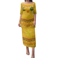 Custom Cameroon Football Family Matching Puletasi and Hawaiian Shirt Tribal Motifs Yellow Color - Wonder Print Shop