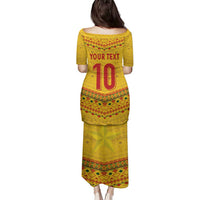 Custom Cameroon Football Family Matching Puletasi and Hawaiian Shirt Tribal Motifs Yellow Color - Wonder Print Shop