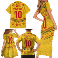 Custom Cameroon Football Family Matching Short Sleeve Bodycon Dress and Hawaiian Shirt Tribal Motifs Yellow Color - Wonder Print Shop