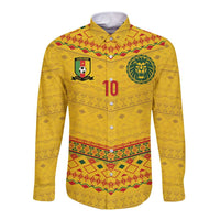 Custom Cameroon Football Long Sleeve Button Shirt Tribal Motifs Yellow Color - Wonder Print Shop
