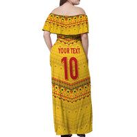 Custom Cameroon Football Off Shoulder Maxi Dress Tribal Motifs Yellow Color - Wonder Print Shop