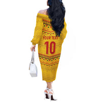 Custom Cameroon Football Off The Shoulder Long Sleeve Dress Tribal Motifs Yellow Color - Wonder Print Shop