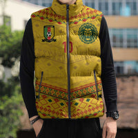 Custom Cameroon Football Sleeveless Puffer Jacket Tribal Motifs Yellow Color - Wonder Print Shop