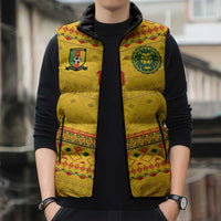 Custom Cameroon Football Sleeveless Puffer Jacket Tribal Motifs Yellow Color - Wonder Print Shop