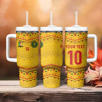 Custom Cameroon Football Tumbler With Handle Tribal Motifs Yellow Color - Wonder Print Shop