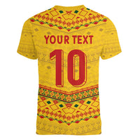 Custom Cameroon Football Women V-Neck T-Shirt Tribal Motifs Yellow Color - Wonder Print Shop