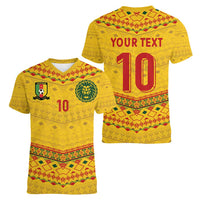 Custom Cameroon Football Women V-Neck T-Shirt Tribal Motifs Yellow Color - Wonder Print Shop