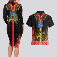 Ethiopia Culture Couples Matching Long Sleeve Bodycon Dress and Hawaiian Shirt Lion of Judah with The Star Seal - Dashiki Style