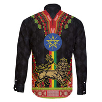 Ethiopia Culture Family Matching Off The Shoulder Long Sleeve Dress and Hawaiian Shirt Lion of Judah with The Star Seal - Dashiki Style