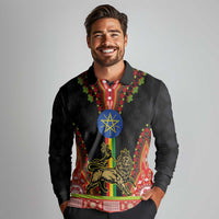 Ethiopia Culture Long Sleeve Polo Shirt Lion of Judah with The Star Seal - Dashiki Style