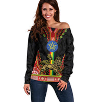 Ethiopia Culture Off Shoulder Sweater Lion of Judah with The Star Seal - Dashiki Style
