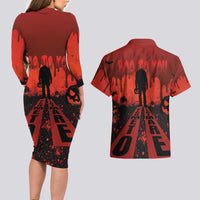 Halloween Nightmare Couples Matching Long Sleeve Bodycon Dress and Hawaiian Shirt Pumpkin-faced Jack O Lantern With a Scary Smile Blood Vibe - Wonder Print Shop