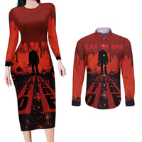 Halloween Nightmare Couples Matching Long Sleeve Bodycon Dress and Long Sleeve Button Shirt Pumpkin-faced Jack O Lantern With a Scary Smile Blood Vibe - Wonder Print Shop