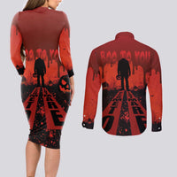 Halloween Nightmare Couples Matching Long Sleeve Bodycon Dress and Long Sleeve Button Shirt Pumpkin-faced Jack O Lantern With a Scary Smile Blood Vibe - Wonder Print Shop