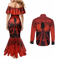 Halloween Nightmare Couples Matching Mermaid Dress and Long Sleeve Button Shirt Pumpkin-faced Jack O Lantern With a Scary Smile Blood Vibe