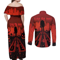 Halloween Nightmare Couples Matching Off Shoulder Maxi Dress and Long Sleeve Button Shirt Pumpkin-faced Jack O Lantern With a Scary Smile Blood Vibe - Wonder Print Shop