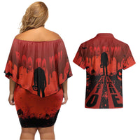 Halloween Nightmare Couples Matching Off Shoulder Short Dress and Hawaiian Shirt Pumpkin-faced Jack O Lantern With a Scary Smile Blood Vibe - Wonder Print Shop